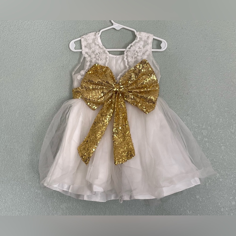 Baby Girls Infant Toddler White Gold Sequin Lace Dress Size 18 Months